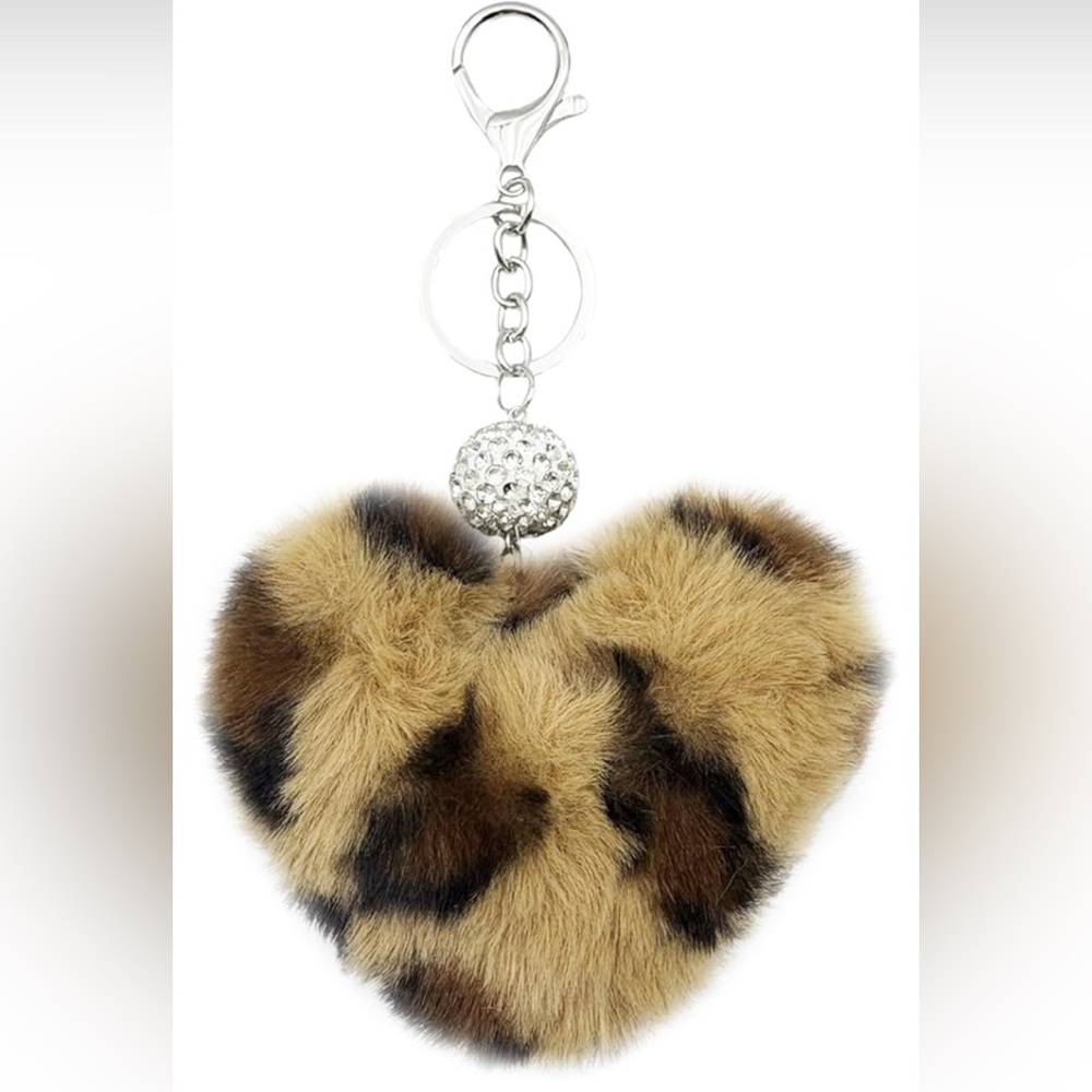 Leopard Print Fluffy Heart Keychain or Bag Charm